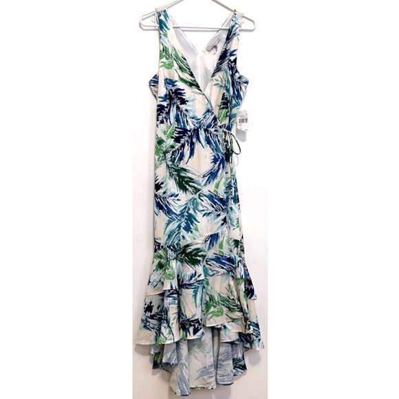NEW NWT ADELYN RAE Nevina Ruffle Wrap Front Maxi Dress Multi Palm Leaf Tropical - Picture 2 of 16